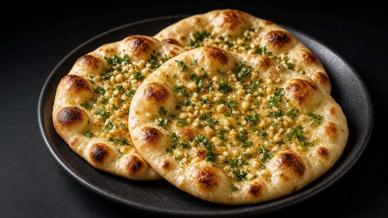 Garlic naan glistening with butter and scattered with chopped coriander.