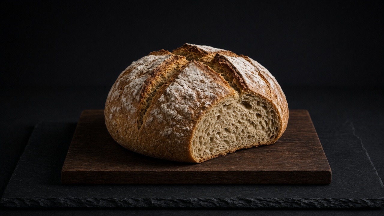 A round brown soda bread with a deep cross on a wooden board.