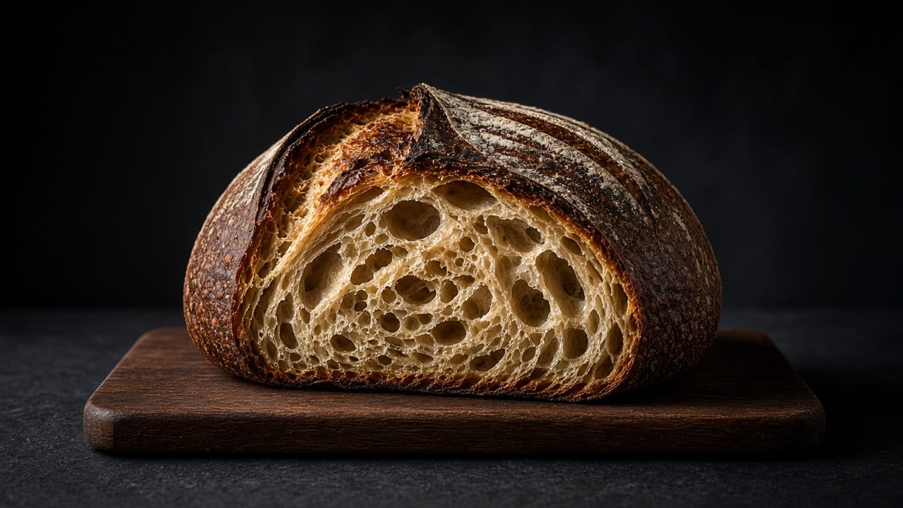 A dark-crusted round sourdough loaf cut in half on a wooden board, showing an open, holey crumb.