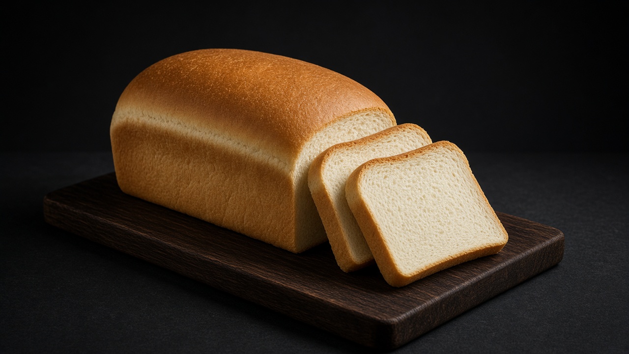 A golden-crusted white sandwich loaf on a dark board with thick slices cut from the end showing a soft, even crumb.