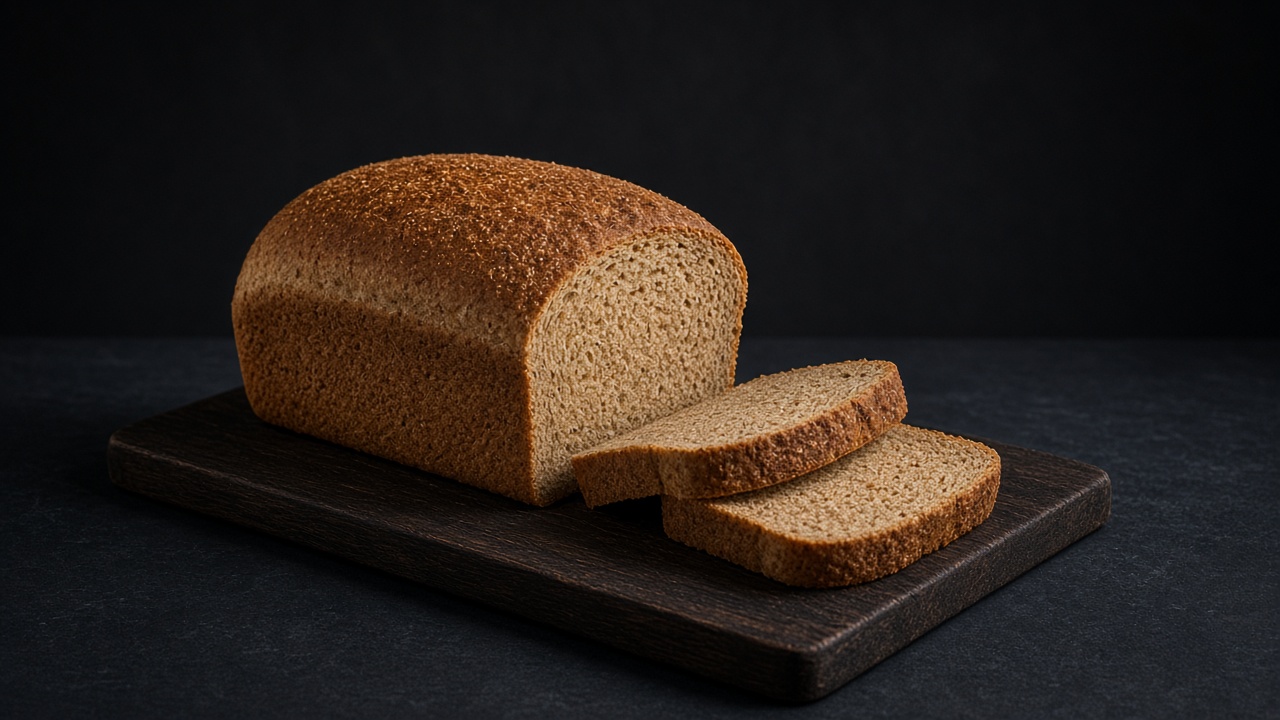 A brown whole-wheat sandwich loaf on a dark board with two slices cut to show the tight, nutty crumb.