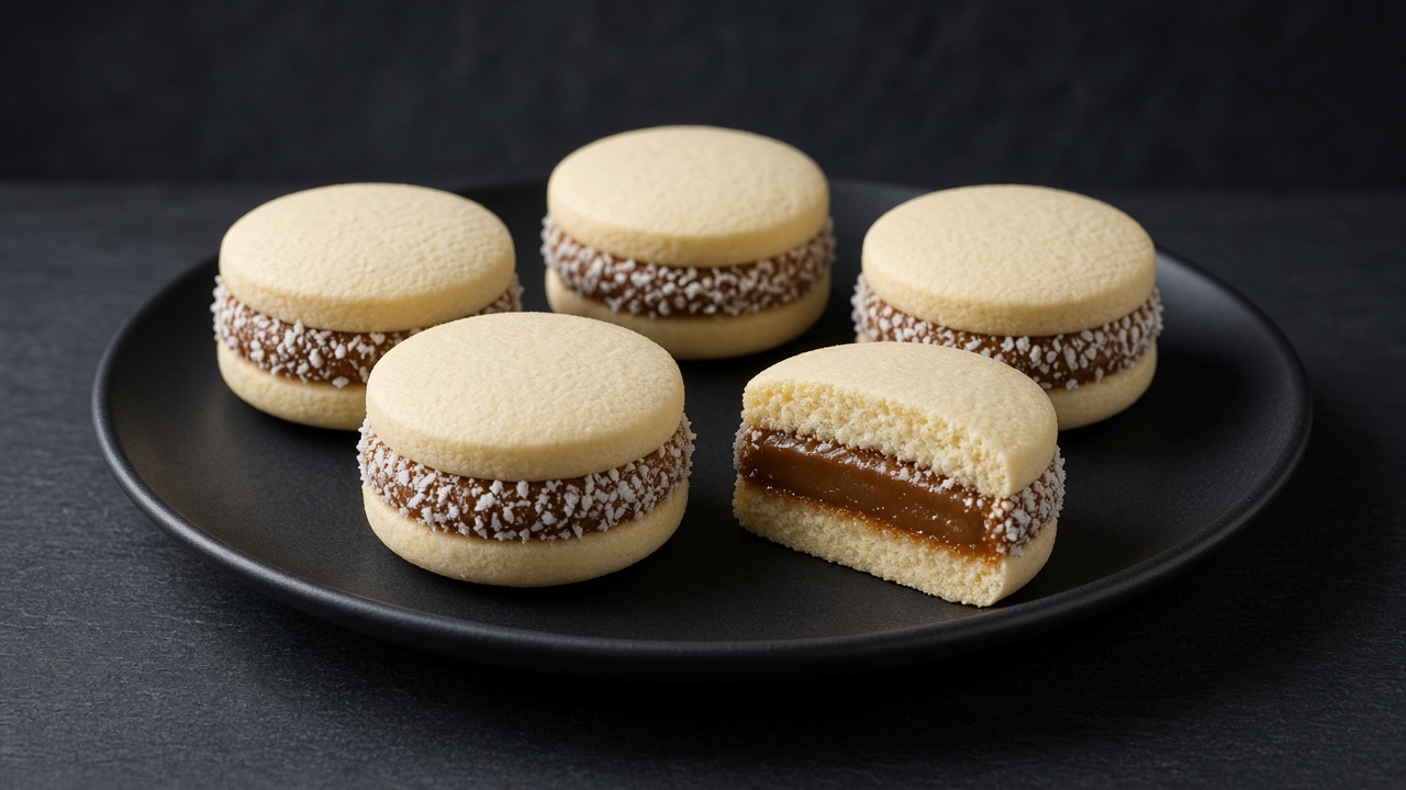 Alfajores sandwich cookies filled with dulce de leche and rolled in coconut on a black plate against a dark background.