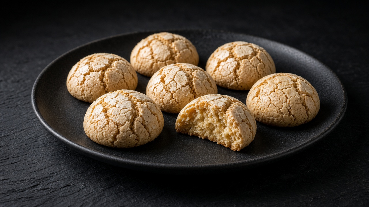 Crackled, sugar-dusted amaretti, one broken open to show a chewy centre, on a black plate against a dark background.