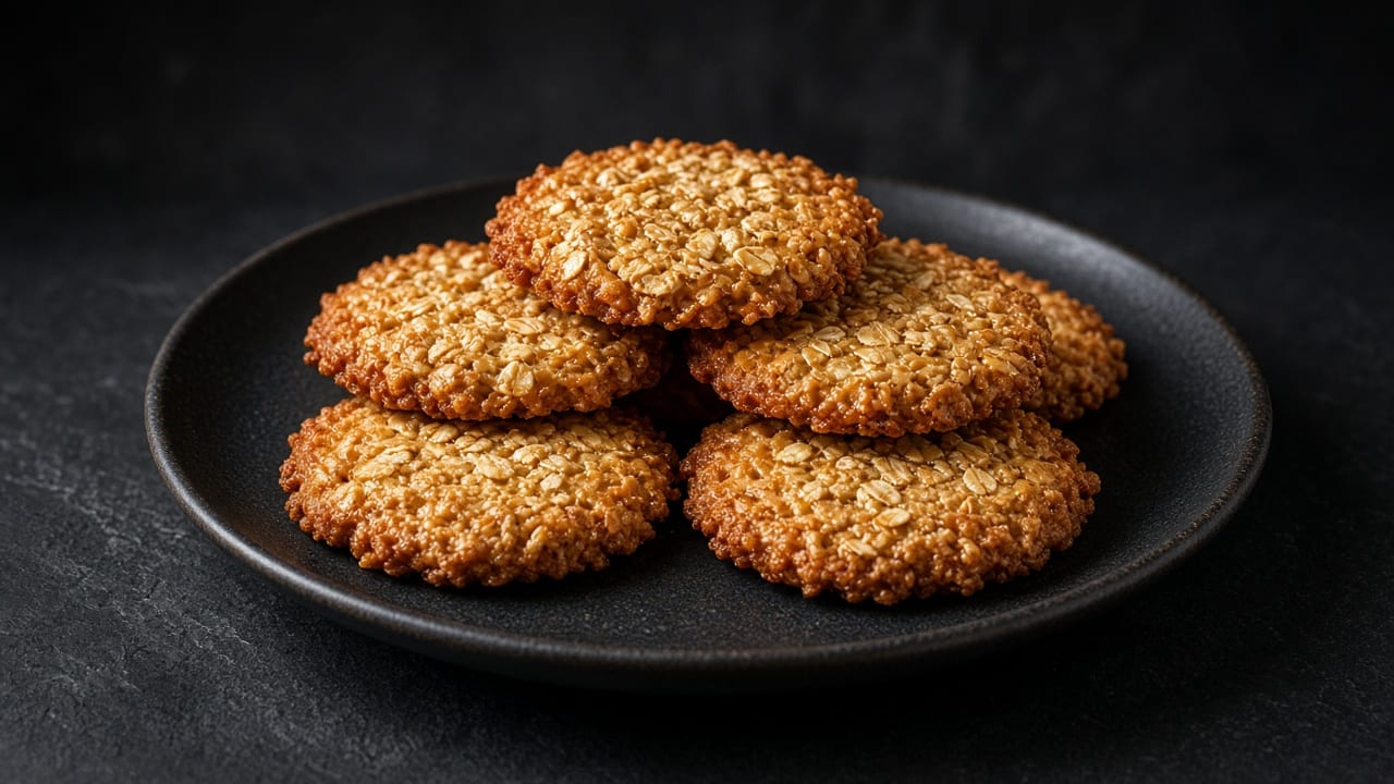 Golden, craggy oat and coconut Anzac biscuits on a black plate against a dark background.