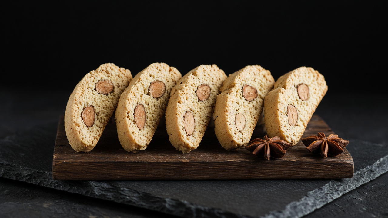 Pale anise biscotti studded with almonds on a dark wooden board, with star anise beside them.