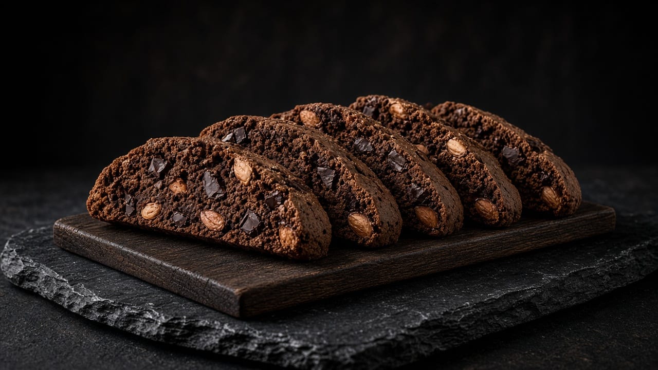 Dark chocolate biscotti studded with almonds, lined up on a dark wooden board.