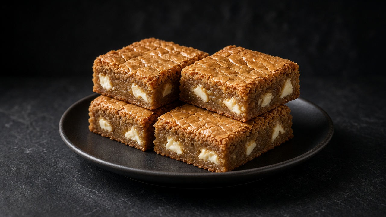 Golden blondie squares studded with chocolate and nuts, stacked on a black plate against a dark background.