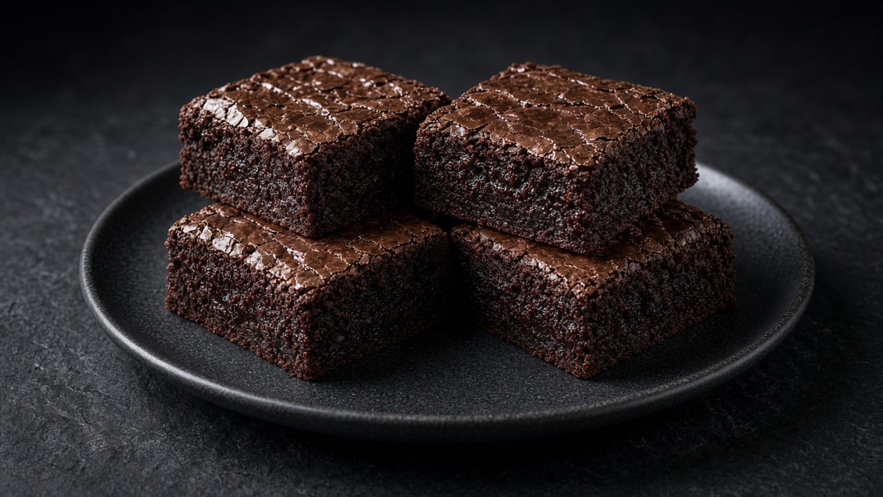 Four thick, dark chocolate brownie squares with a crackled top on a black plate.