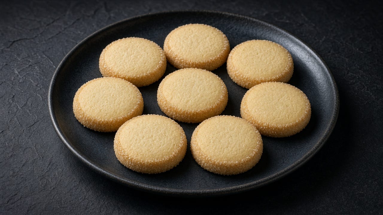 Round, pale golden sablé biscuits with sugar-crusted edges on a black plate against a dark background.