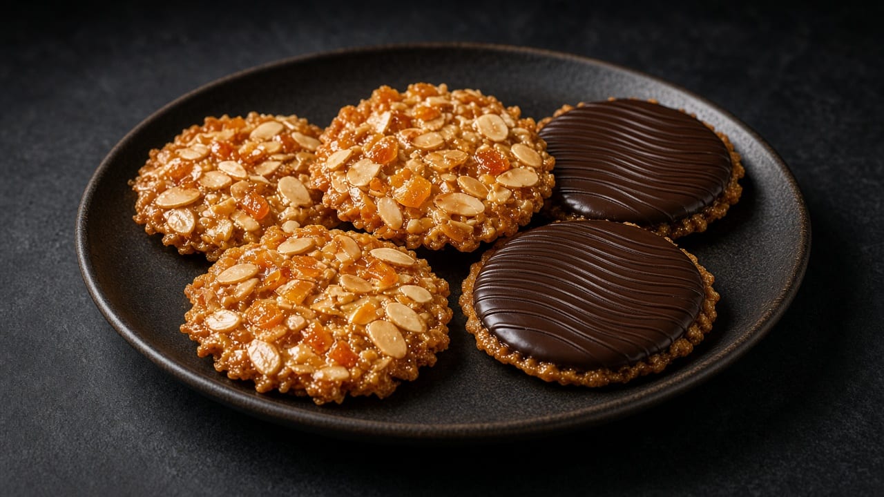 Lacy almond florentines, some showing their chocolate-coated undersides, on a black plate against a dark background.