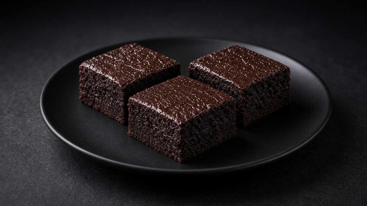 Dense, dark flourless brownie squares with a crackled top on a black plate against a dark background.