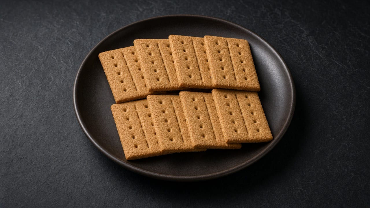 Docked rectangular graham crackers stacked on a black plate against a dark background.