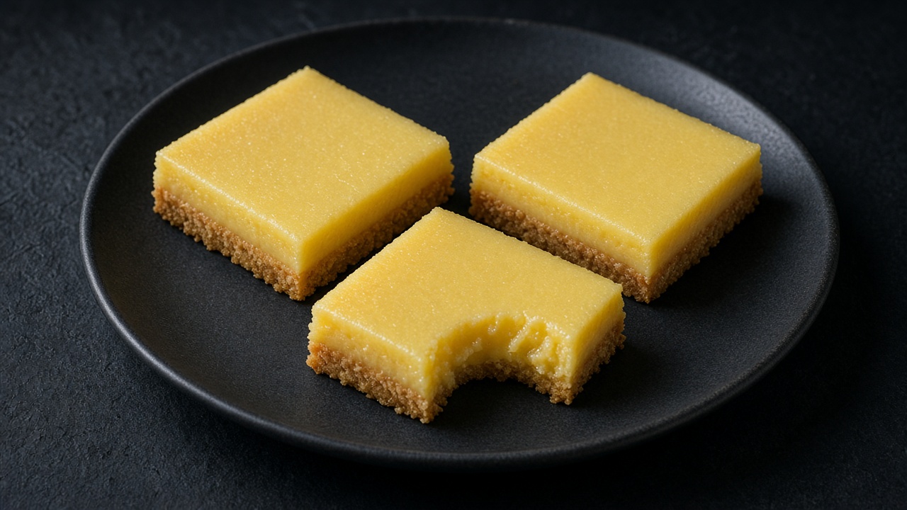 Squares of lemon bar with a thin golden crust and bright yellow filling, one bitten, on a black plate against a dark background.