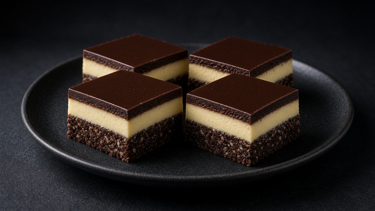 Nanaimo bars showing a crumb base, pale custard layer and glossy chocolate top on a black plate against a dark background.