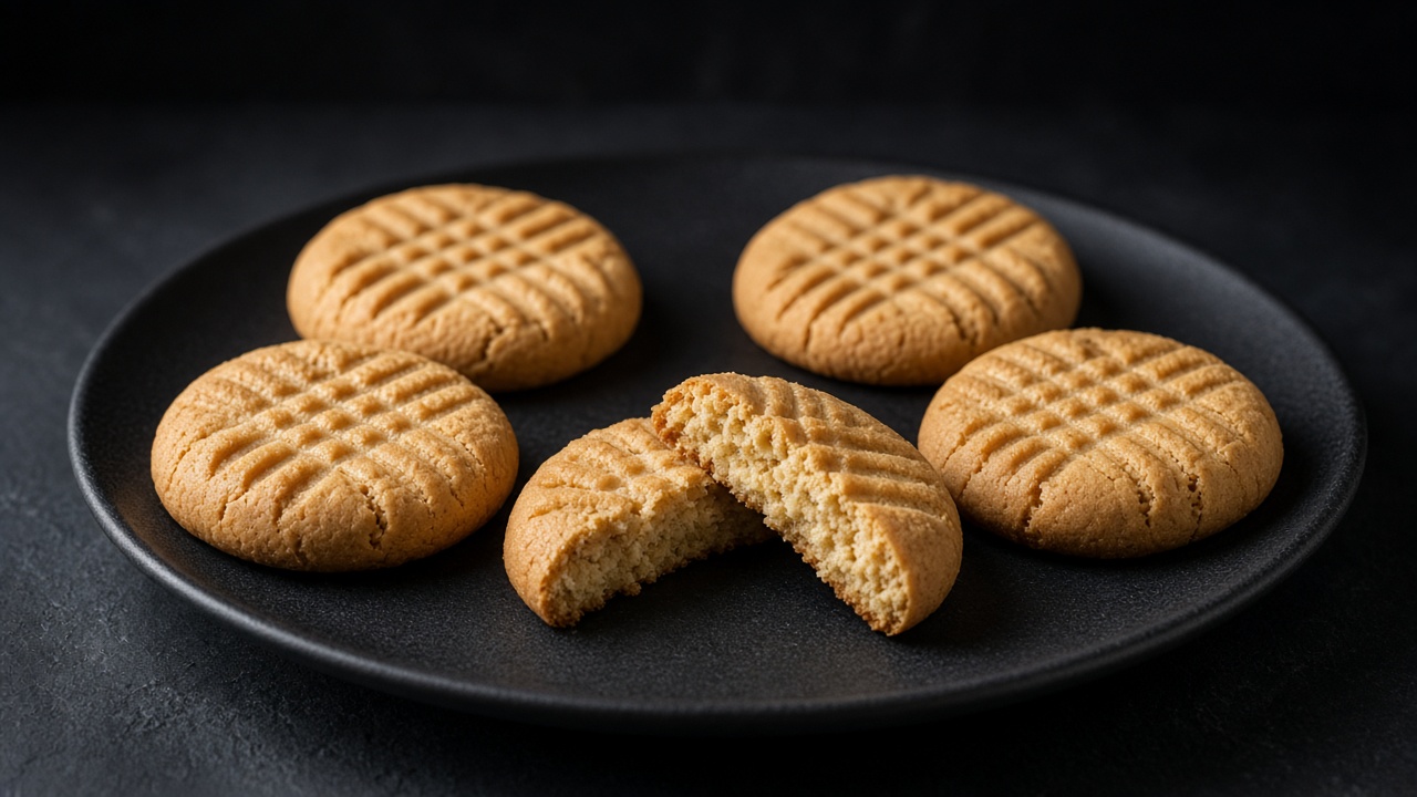 Peanut butter cookies with criss-cross fork marks, one broken open, on a black plate against a dark background.