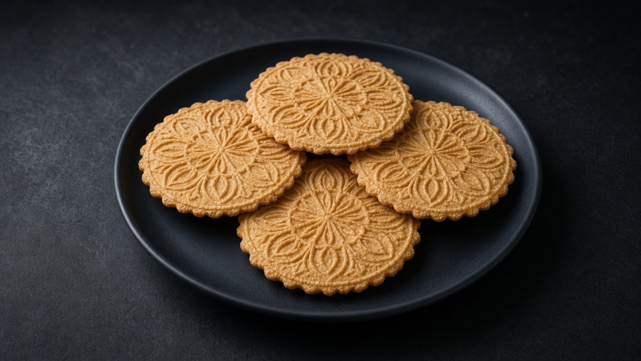 Thin, patterned golden pizzelle on a black plate against a dark background.