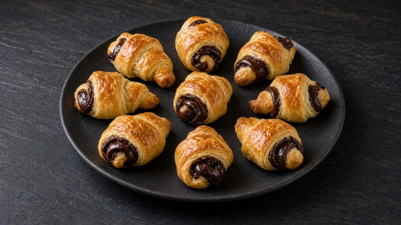 Golden crescent rugelach with a dark chocolate filling on a black plate against a dark background.