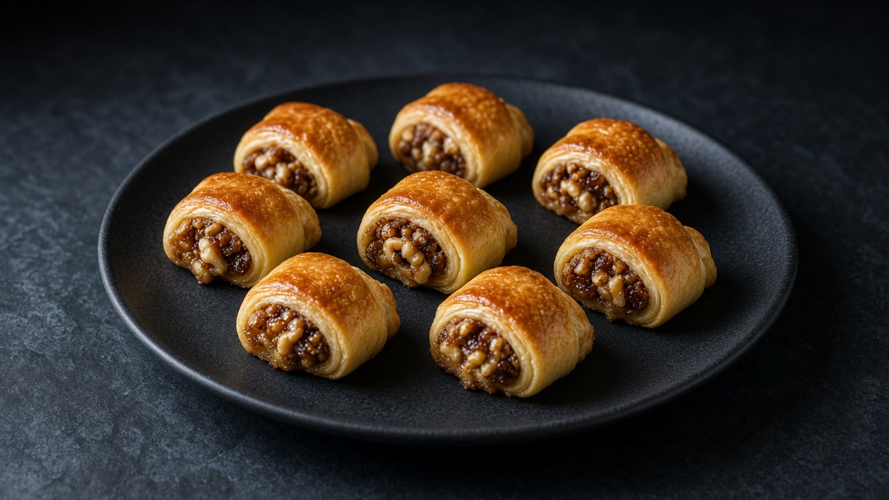 Golden rugelach slices showing a spiral of walnut, raisin and jam filling, on a black plate against a dark background.