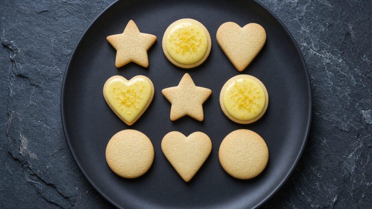 Star, heart and round lemon sugar cookies, some with pale yellow icing, on a black plate against a dark background.