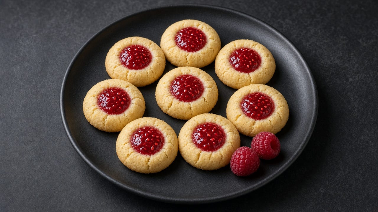 Raspberry thumbprint cookies with jam centres and a few fresh raspberries on a black plate against a dark background.