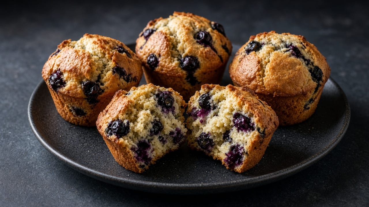 A dark plate of golden blueberry muffins bursting with berries, one broken open to show the purple-flecked crumb.
