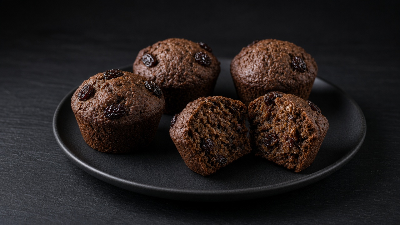 Dark bran muffins dotted with raisins, one broken open.
