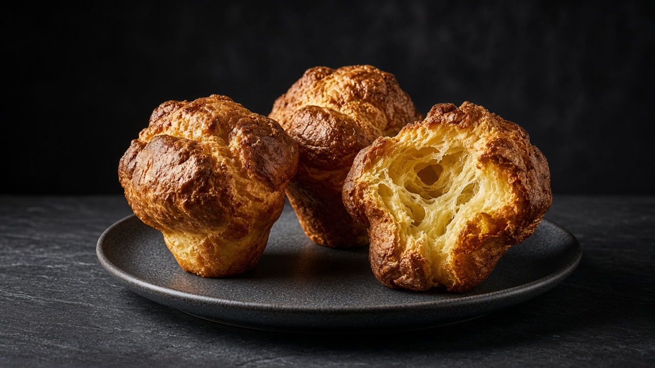 Tall, deep golden popovers on a dark plate, one torn open to show the hollow, eggy inside.