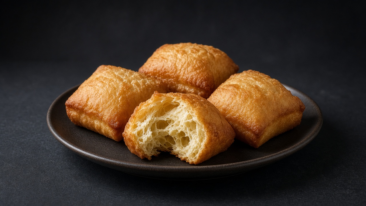 Puffed golden beignet squares, one torn open to show the airy inside.