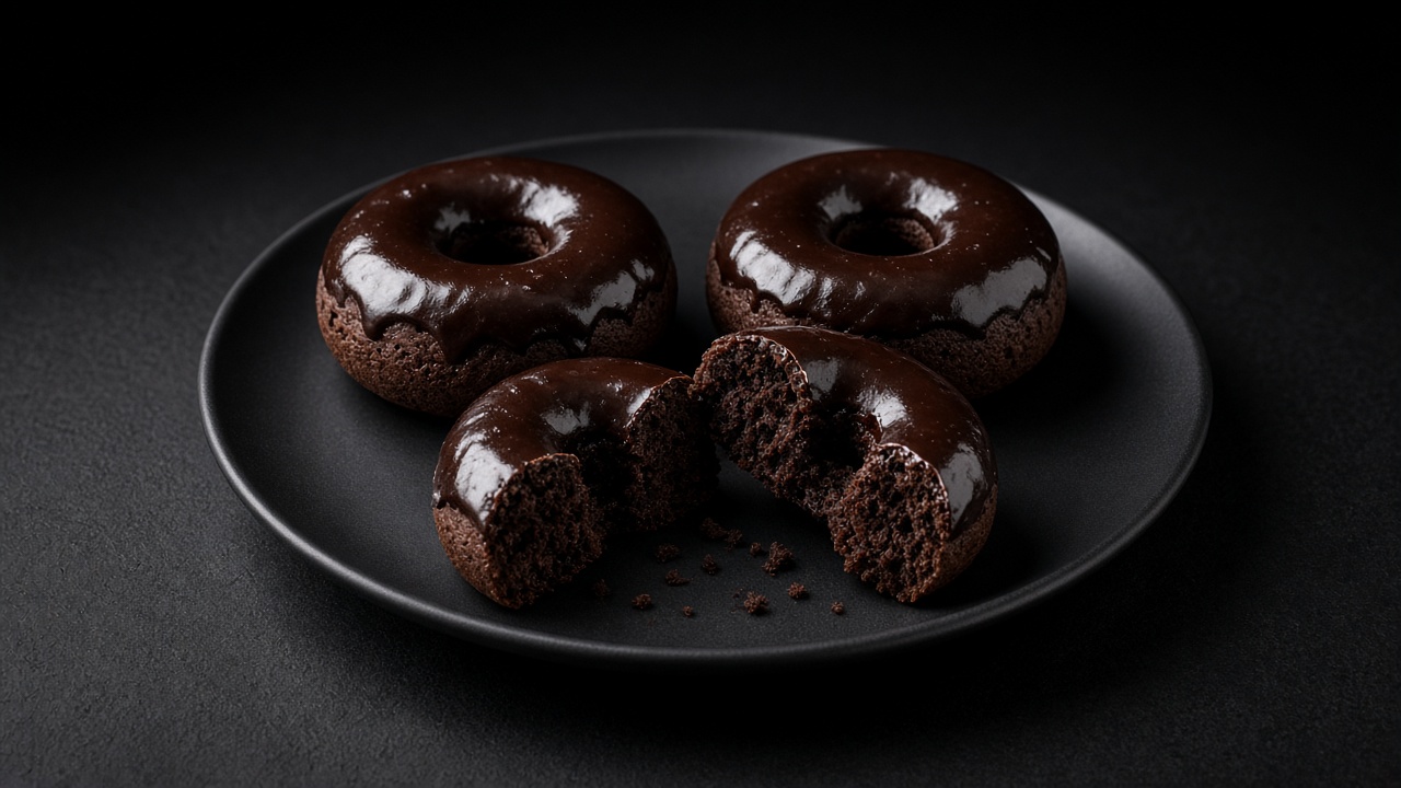Chocolate cake doughnuts with a glossy chocolate glaze, one broken open.