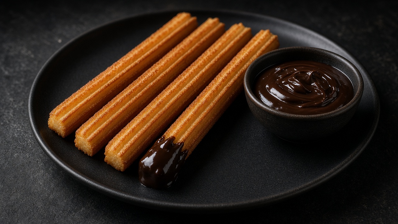 Ridged churros beside a bowl of dark chocolate dip, one churro dipped.