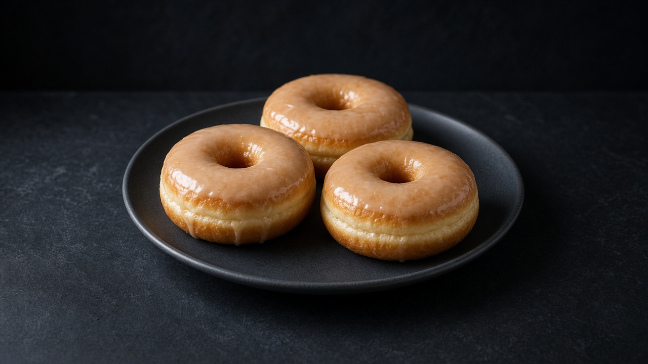 Three golden yeast-raised ring doughnuts with a thin, glossy vanilla glaze on a dark plate.