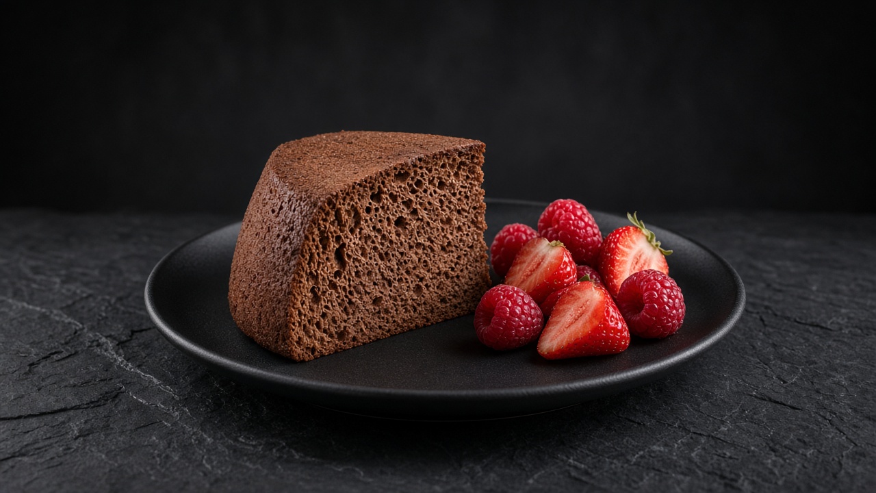A slice of chocolate angel food cake with fresh strawberries on a black plate on dark slate.