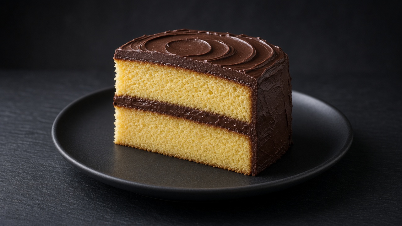 A slice of two-layer yellow butter cake with swirled chocolate frosting on a black plate on dark slate.