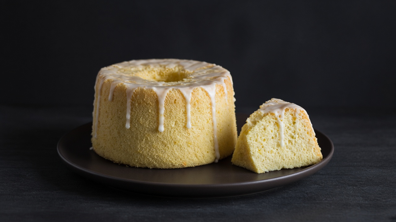 A lemon chiffon tube cake with white lemon glaze dripping down the sides and a slice beside it on a black plate on dark slate.