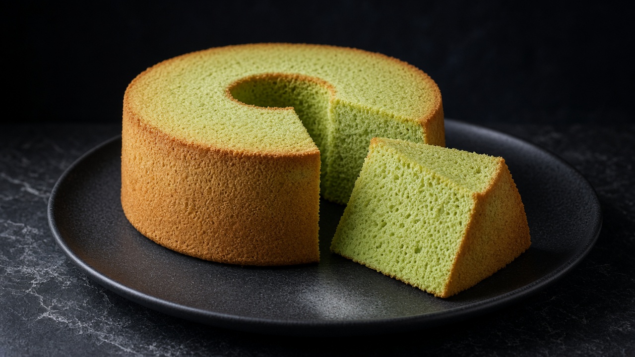 A pandan chiffon tube cake with a golden crust and a slice showing the soft green crumb on a black plate on dark slate.