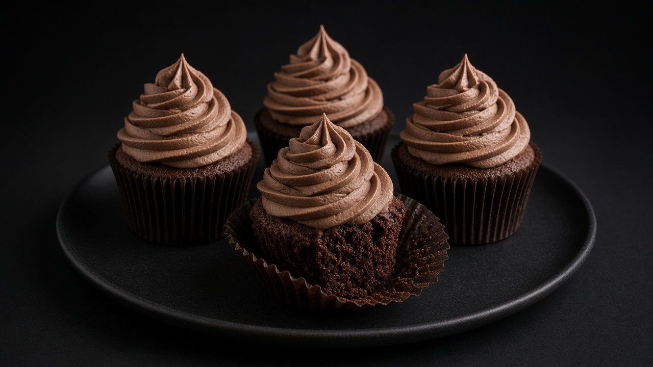 Chocolate cupcakes with tall swirls of chocolate buttercream on a black plate on dark slate.