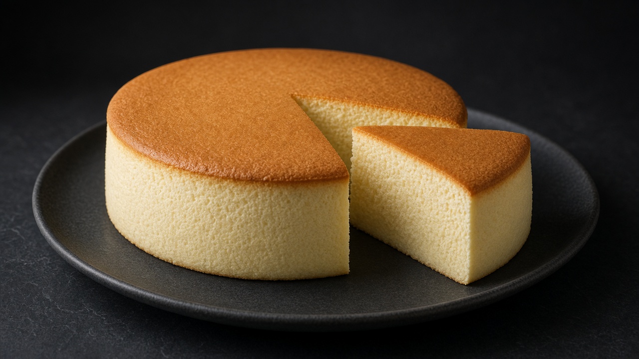 A tall, pale and fluffy cheesecake with a smooth golden top and one slice cut out on a black plate on dark slate.