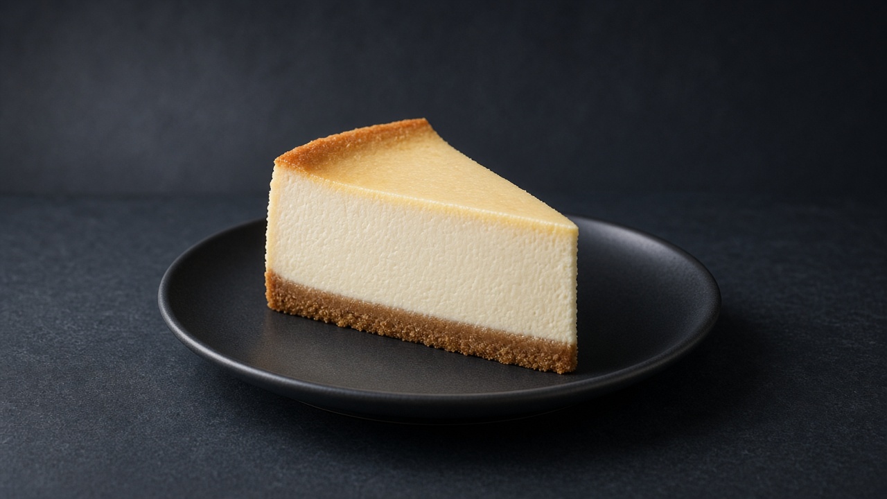 A tall slice of creamy baked cheesecake with a golden top and a biscuit-crumb base on a black plate on dark slate.