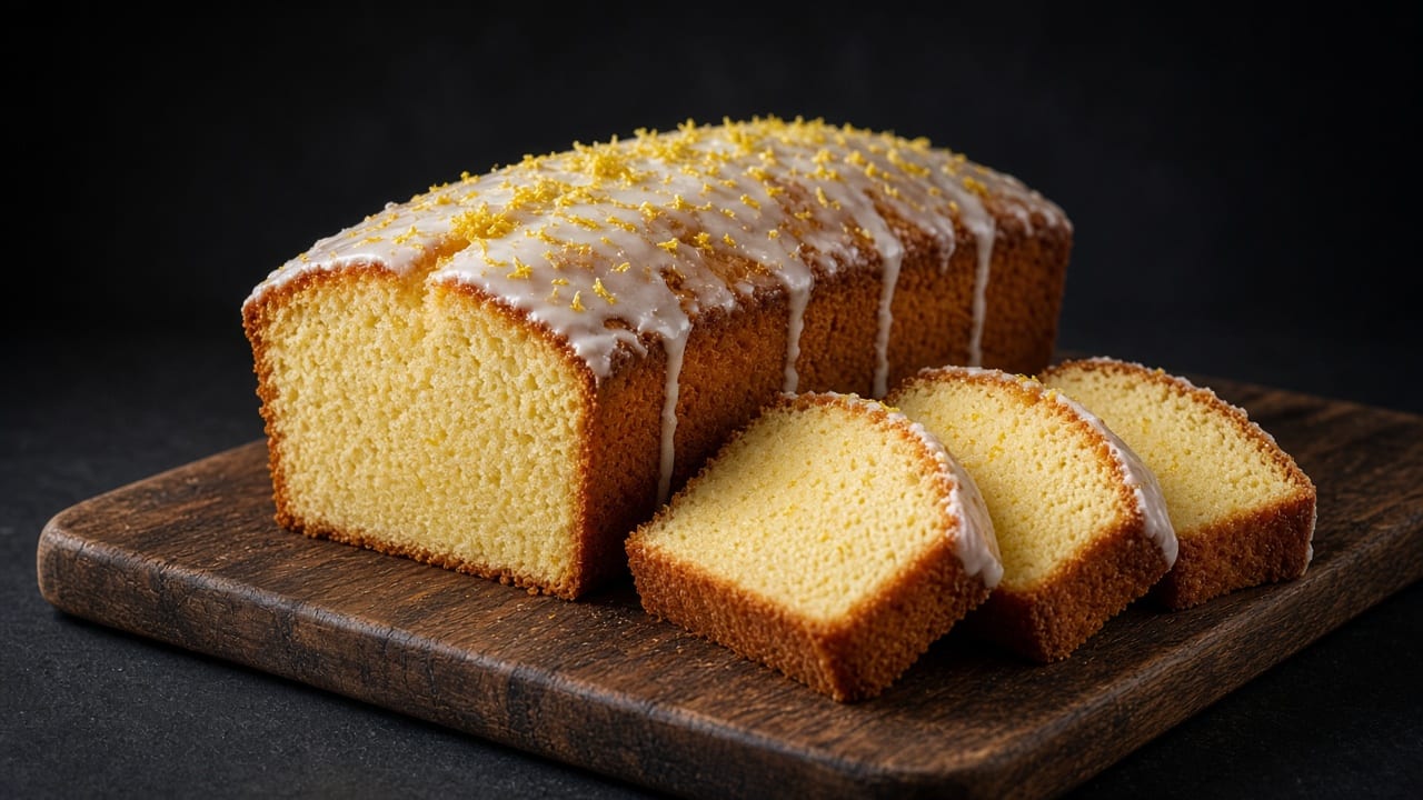 A lemon pound cake loaf with white lemon drizzle and zest on top, with slices on a dark wooden board.