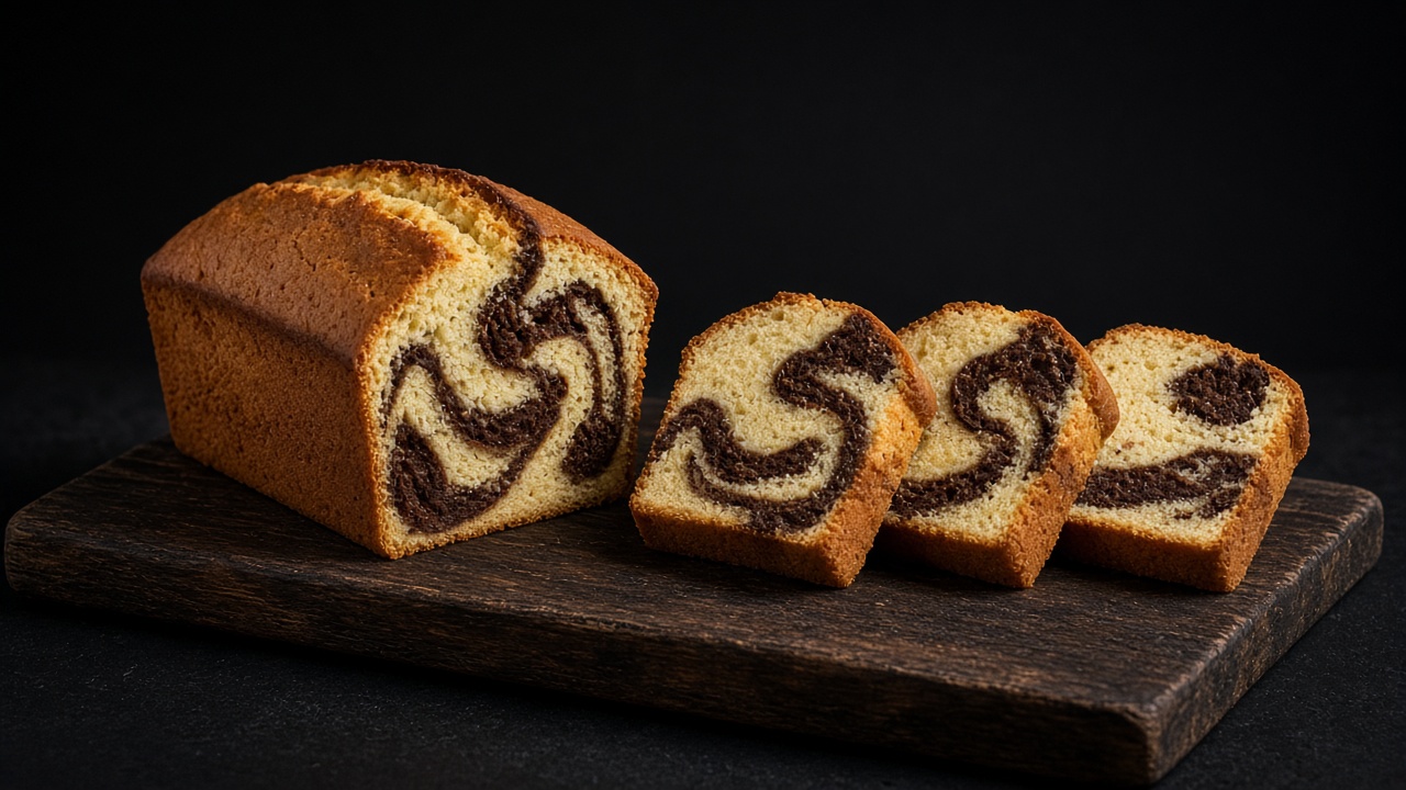 A marble pound cake loaf with slices showing chocolate and vanilla swirls on a dark wooden board.