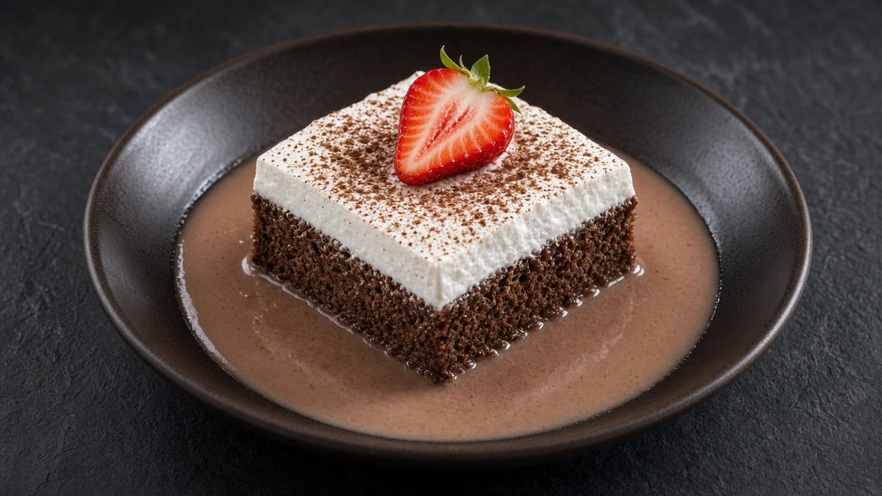 A square of chocolate tres leches cake with whipped cream, cocoa and a strawberry in a pool of chocolate milk in a black bowl.