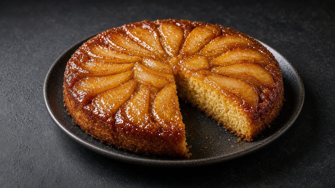 An upside-down cake topped with fanned, caramelised pear slices, with a wedge cut out on a black plate on dark slate.