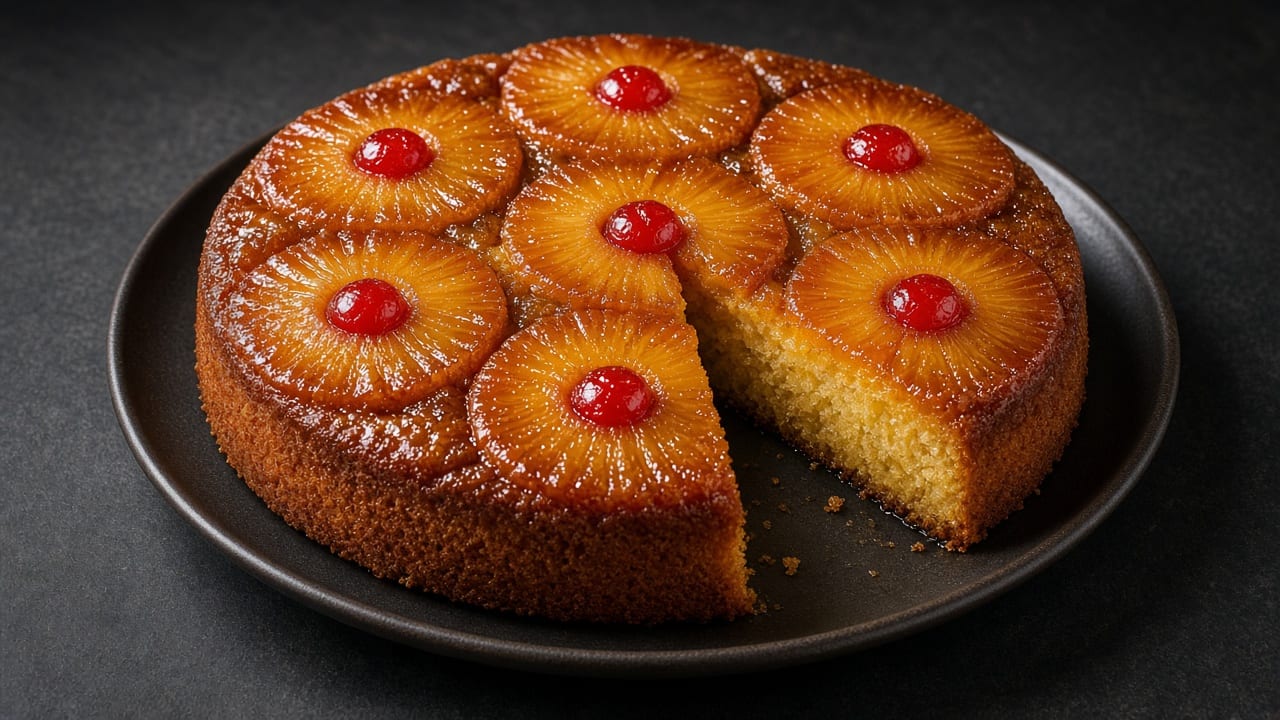 A golden upside-down cake with glossy caramelised pineapple rings and cherries, one wedge cut on a black plate on dark slate.