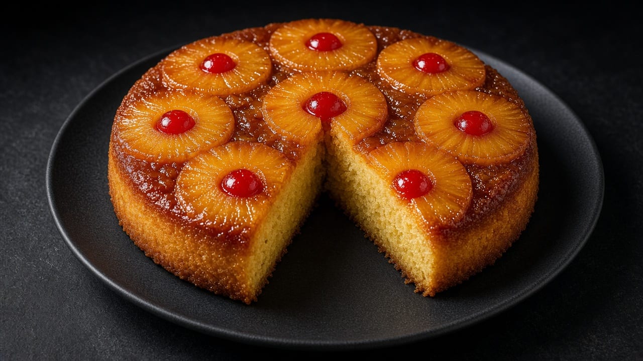 An upside-down cake topped with caramelised pineapple rings and red cherries, with a wedge cut out on a black plate on dark slate.