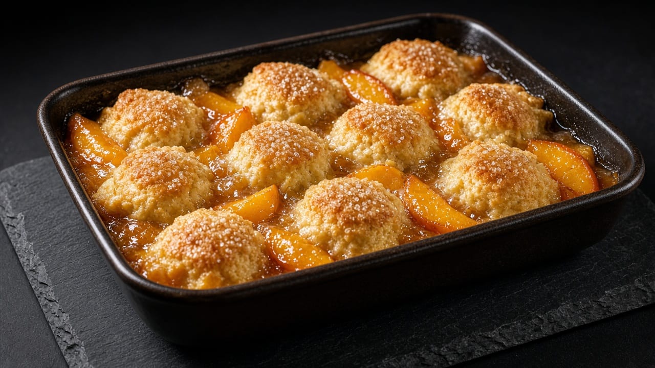 A baking dish of peach wedges topped with golden biscuit domes.