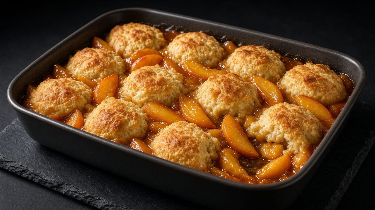 A rectangular baking dish of syrupy sliced peaches topped with golden, sugar-crusted drop biscuits.