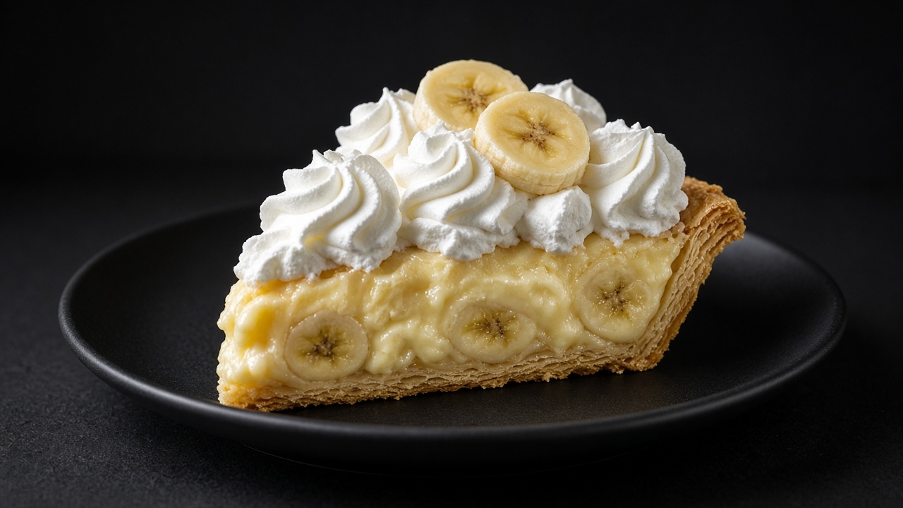 A banana cream pie with a crimped golden crust, layers of pale custard and banana, topped with piped whipped cream and banana coins.