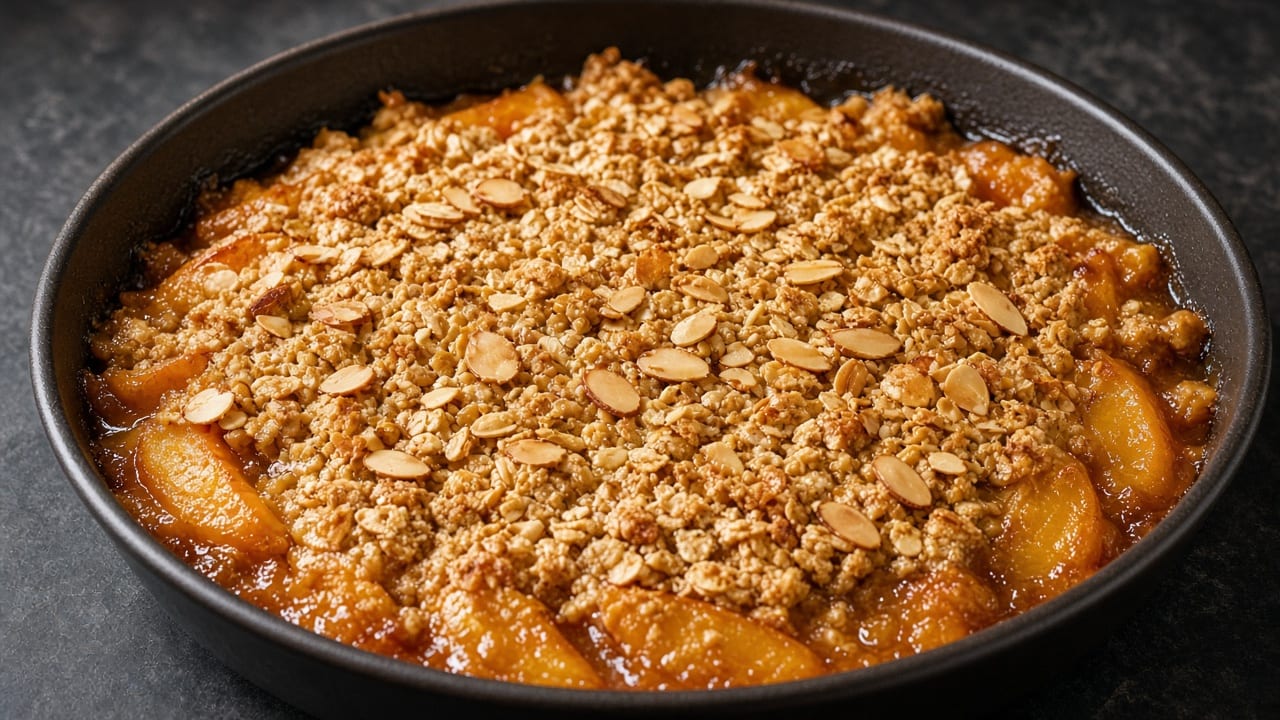 Juicy peach slices under a golden crumb topping loaded with sliced almonds.