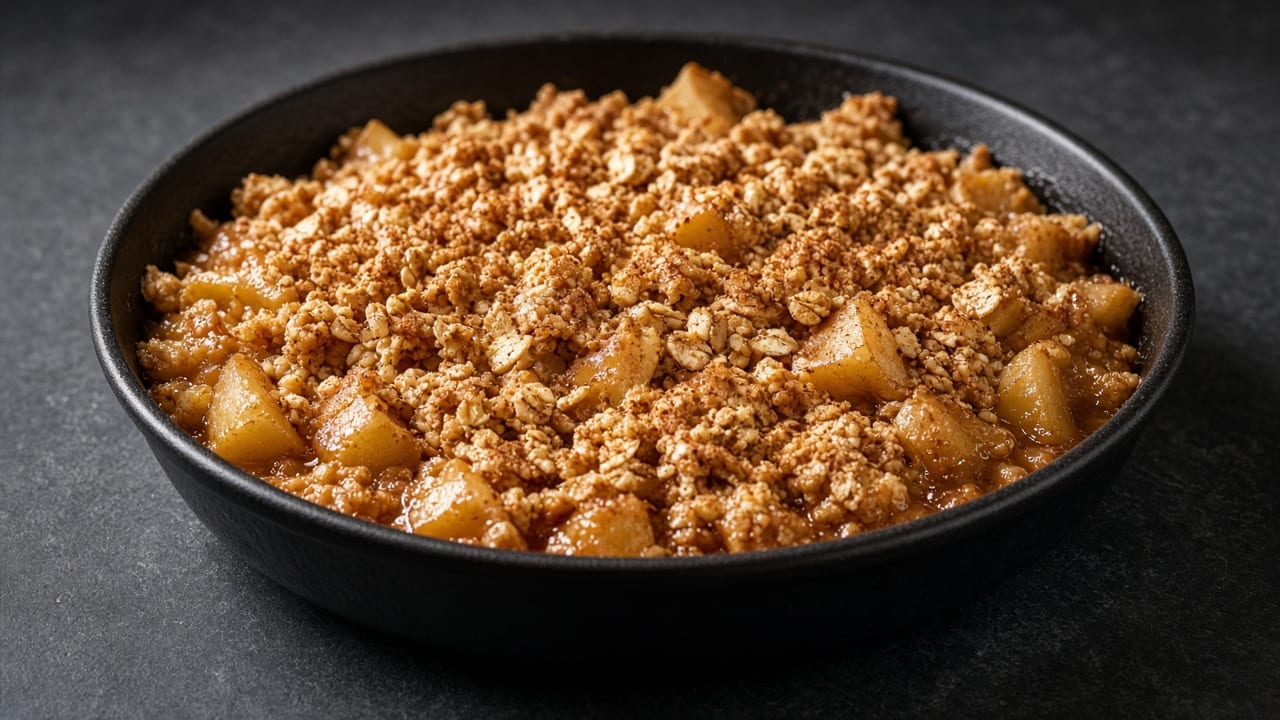 A deep dish of apple chunks under a thick, clumpy oat and brown sugar crumble dusted with cinnamon.