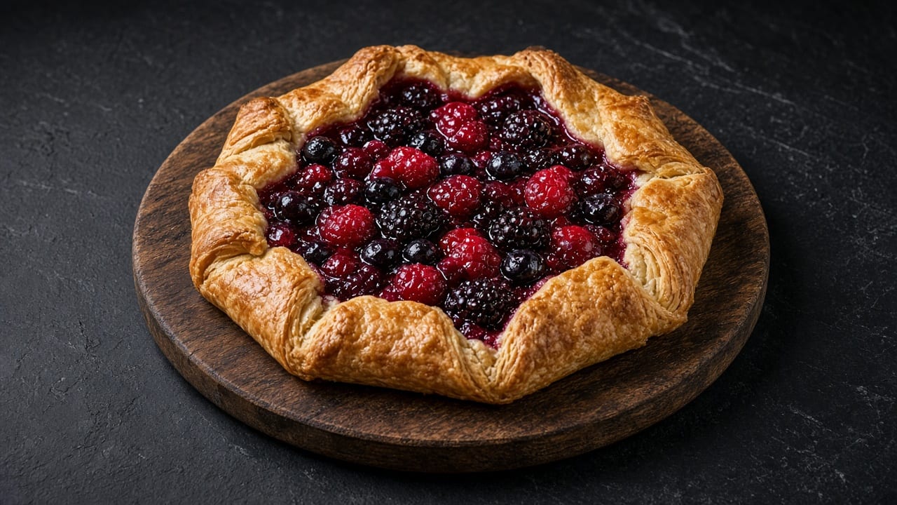A rustic pleated galette filled with mixed blackberries, blueberries and raspberries.